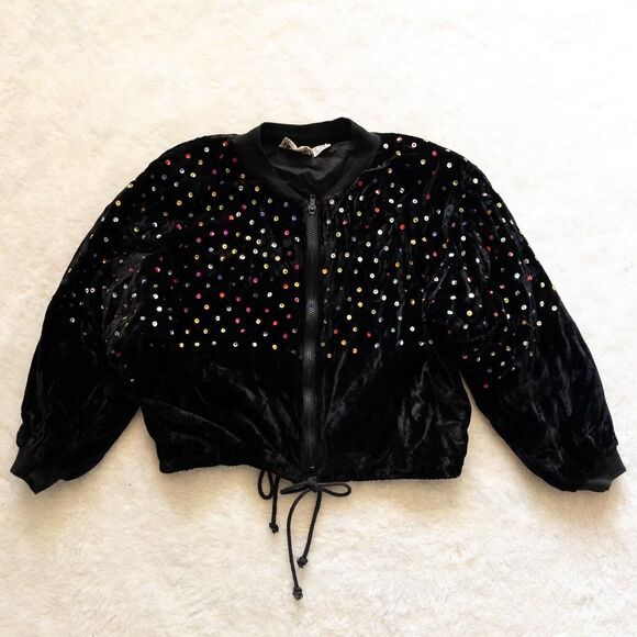 Vintage Speed Limit black velvet bomber jacket with rainbow sequins size small - Picture 4 of 8